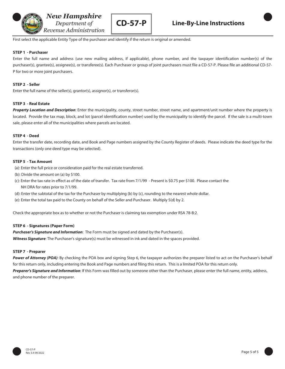 Form CD-57-P Real Estate Transfer Tax Declaration of Consideration Real Estate Purchaser (Grantee) - New Hampshire, Page 5