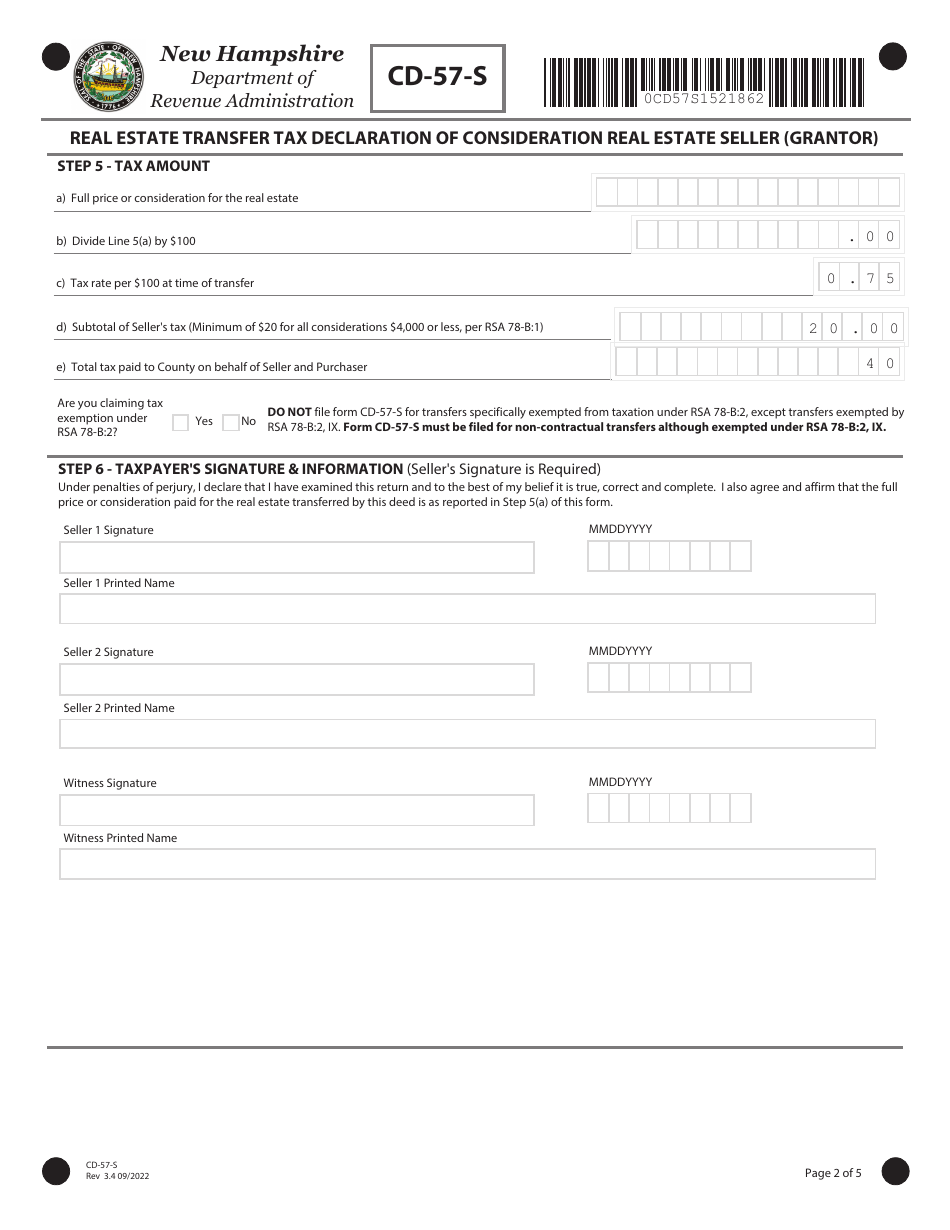Form CD-57-S Real Estate Transfer Tax Declaration of Consideration Real Estate Seller (Grantor) - New Hampshire, Page 2