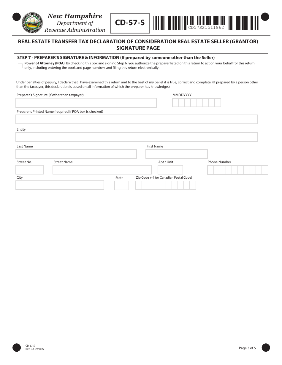 Form CD-57-S Real Estate Transfer Tax Declaration of Consideration Real Estate Seller (Grantor) - New Hampshire, Page 3