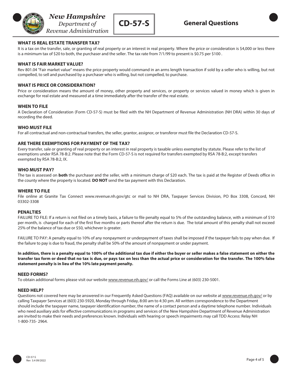Form CD-57-S Real Estate Transfer Tax Declaration of Consideration Real Estate Seller (Grantor) - New Hampshire, Page 4