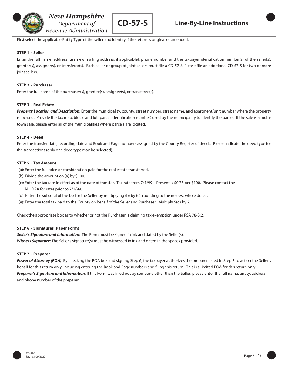 Form CD-57-S Real Estate Transfer Tax Declaration of Consideration Real Estate Seller (Grantor) - New Hampshire, Page 5