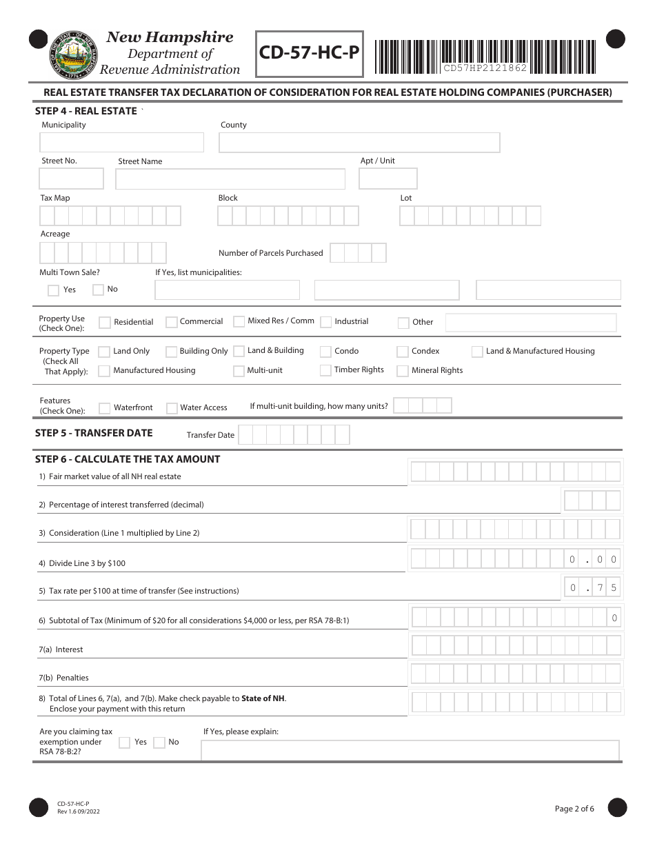 Form CD-57-HC-P Real Estate Transfer Tax Declaration of Consideration for Real Estate Holding Companies (Purchaser) - New Hampshire, Page 2