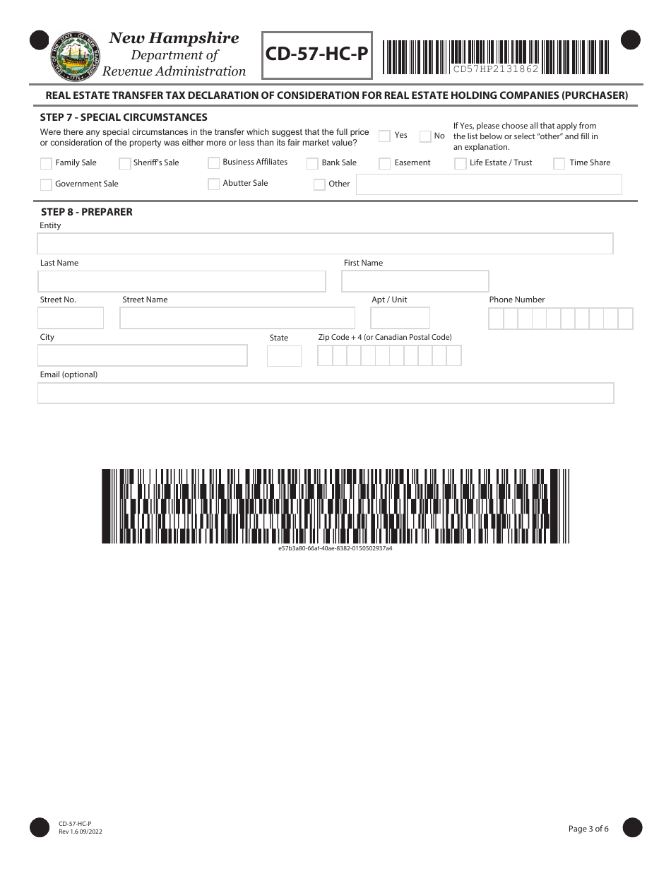 Form CD-57-HC-P Real Estate Transfer Tax Declaration of Consideration for Real Estate Holding Companies (Purchaser) - New Hampshire, Page 3