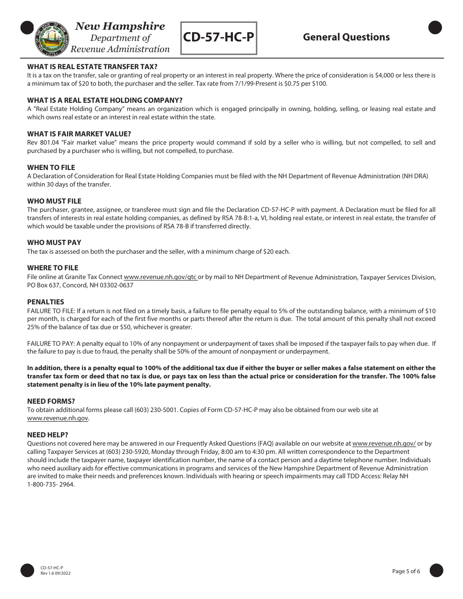 Form CD-57-HC-P Real Estate Transfer Tax Declaration of Consideration for Real Estate Holding Companies (Purchaser) - New Hampshire, Page 5
