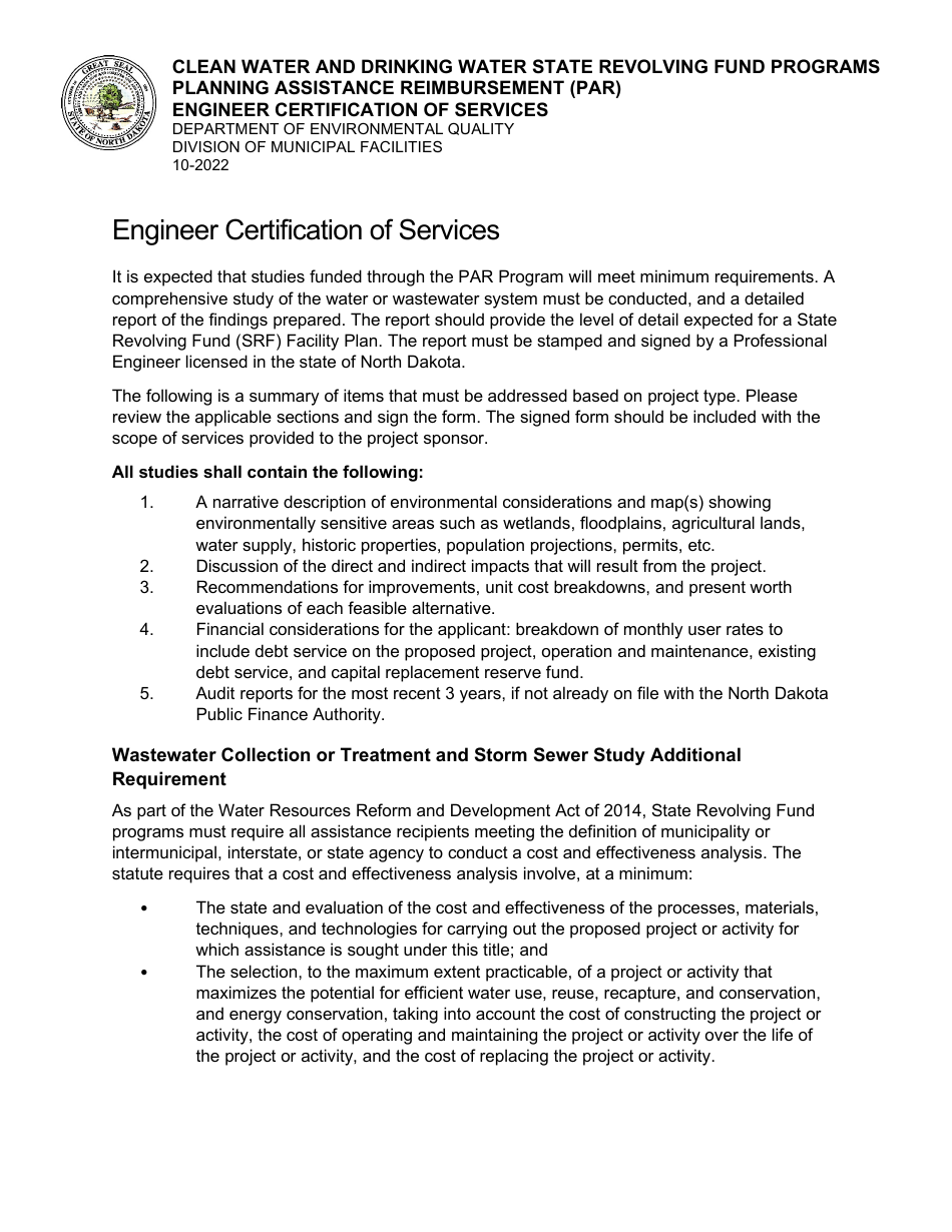 Planning Assistance Reimbursement Engineer Certification of Services - Clean Water and Drinking Water State Revolving Fund Programs - North Dakota, Page 1