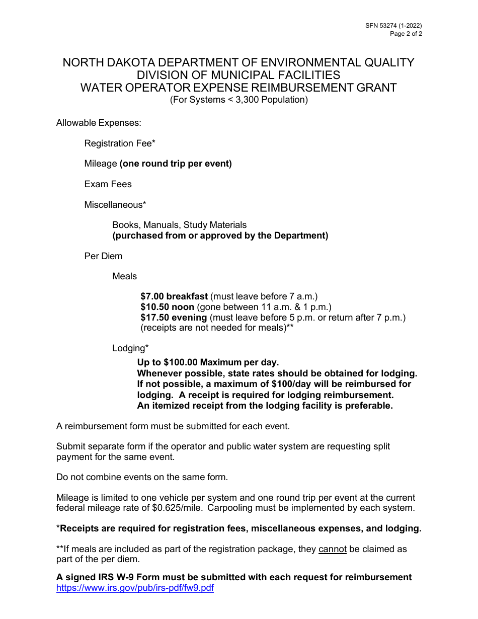 Form SFN53274 Operator Expense Reimbursement - North Dakota, Page 2