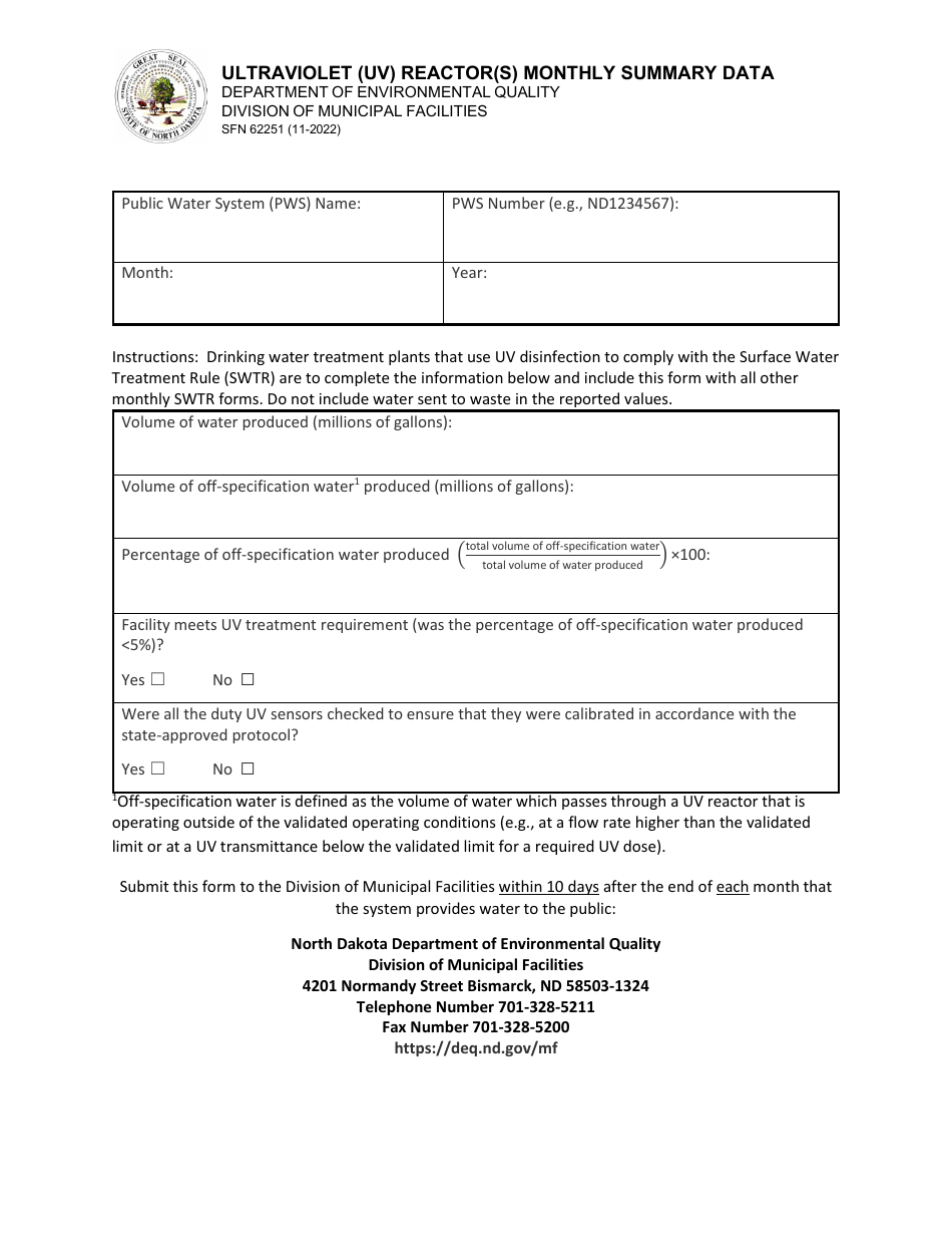 Form SFN62251 Ultraviolet (Uv) Reactor(S) Monthly Summary Data - North Dakota, Page 1