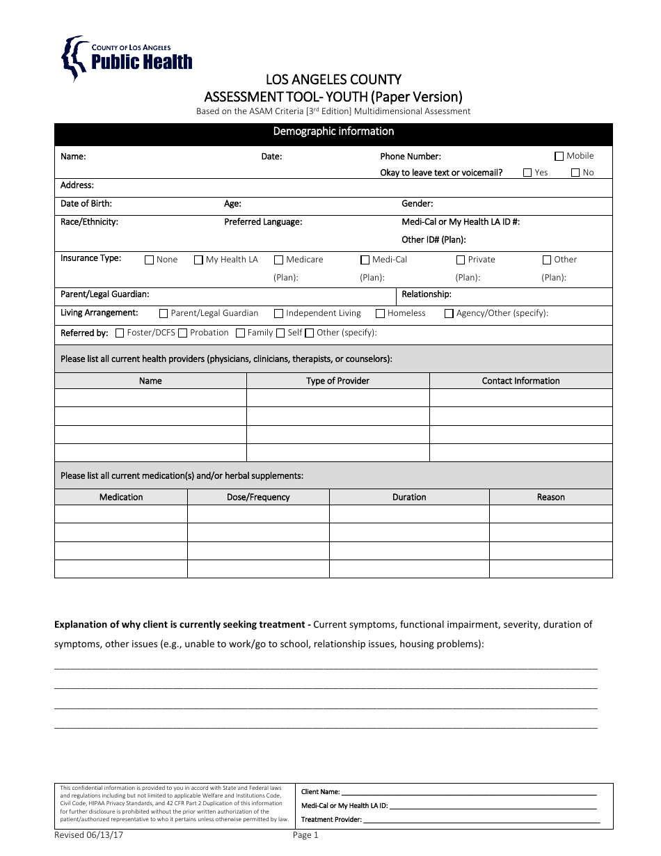 County of Los Angeles, California Assessment Tool - Youth (Paper ...