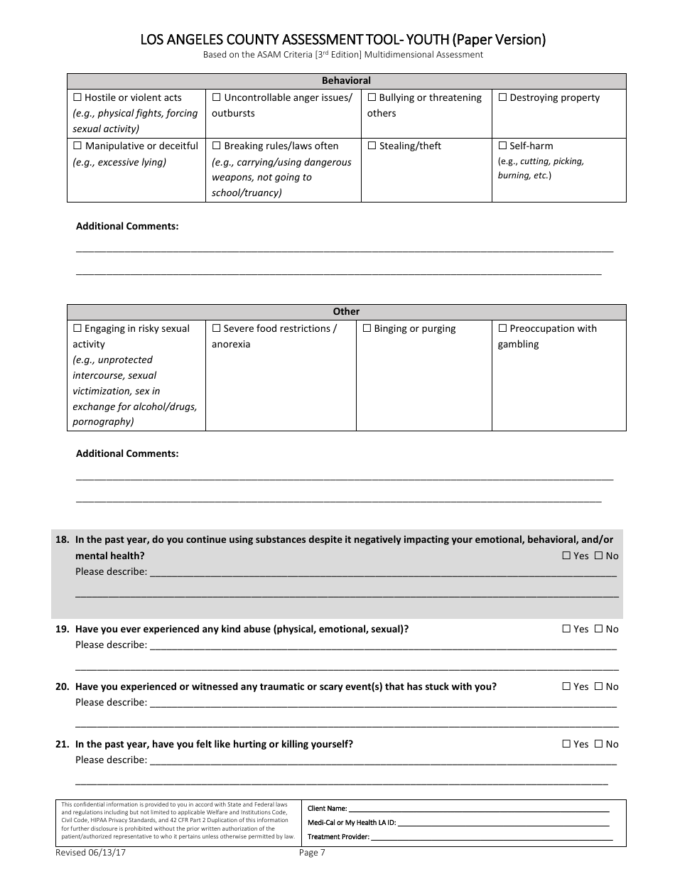 Assessment Tool - Youth (Paper Version) - County of Los Angeles, California, Page 7