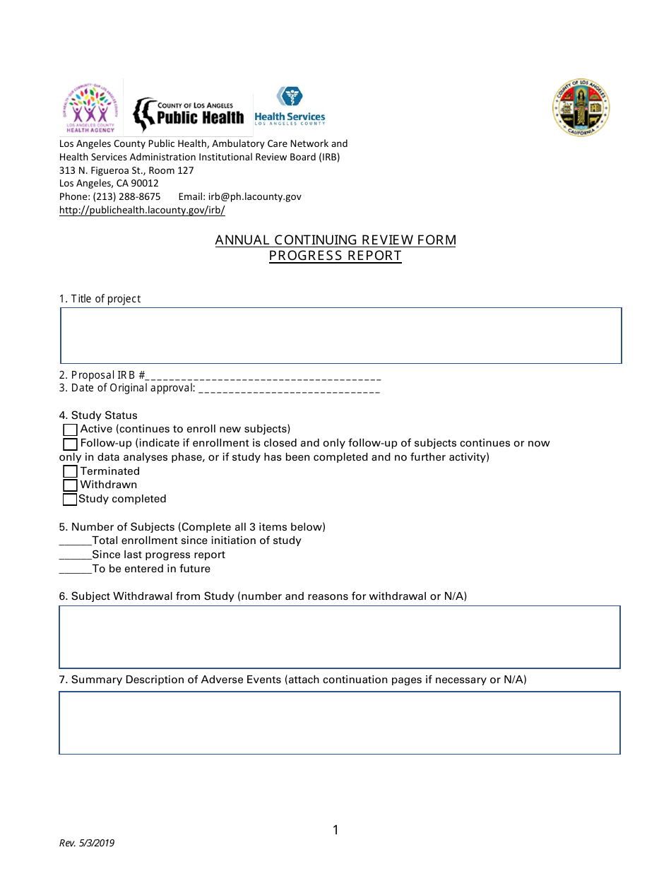 Annual Continuing Review Form Progress Report - County of Los Angeles, California, Page 1