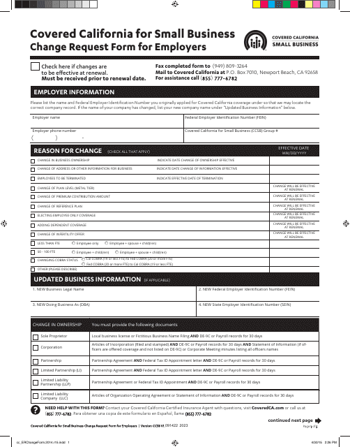 Change Request Form for Employers - California Download Pdf