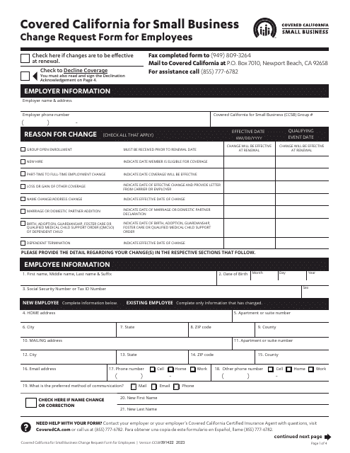 Change Request Form for Employees - California Download Pdf