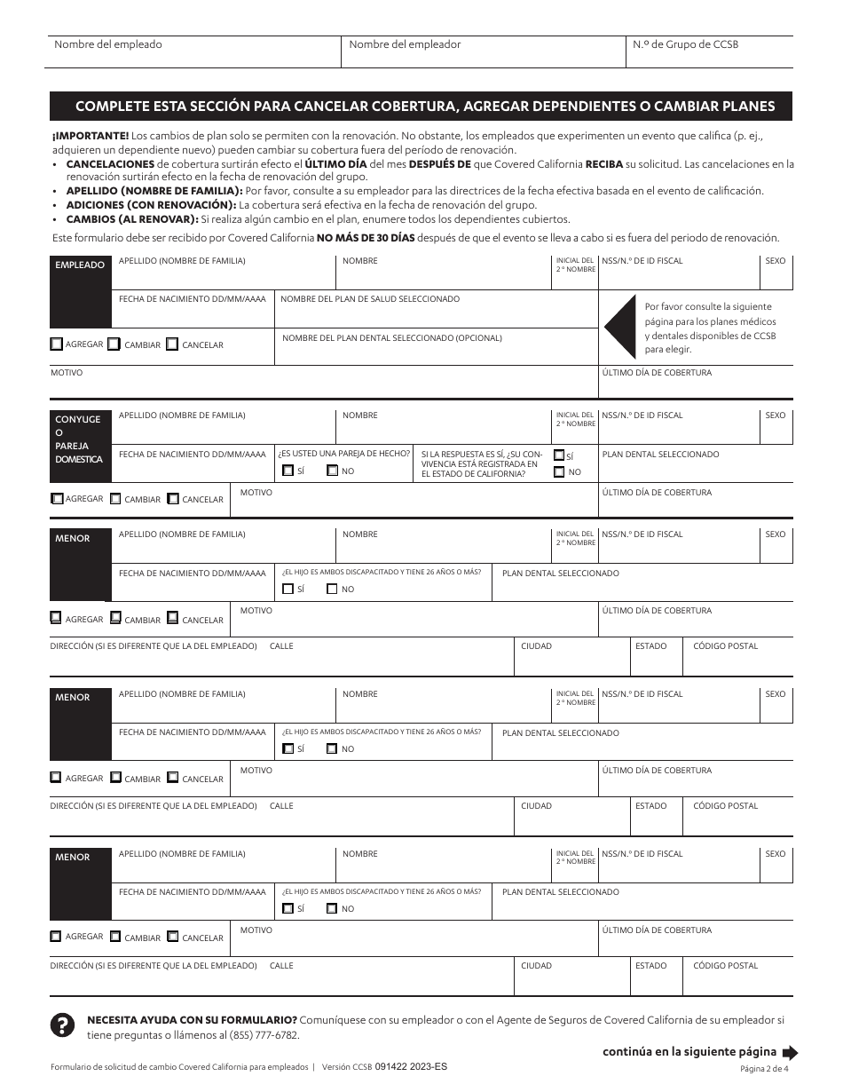Formulario De Solicitud De Cambio Para Los Empleados - California (Spanish), Page 2