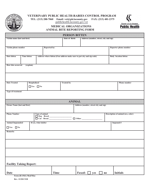Form H-1561 Animal Bite Report Form for Medical Organizations - County of Los Angeles, California