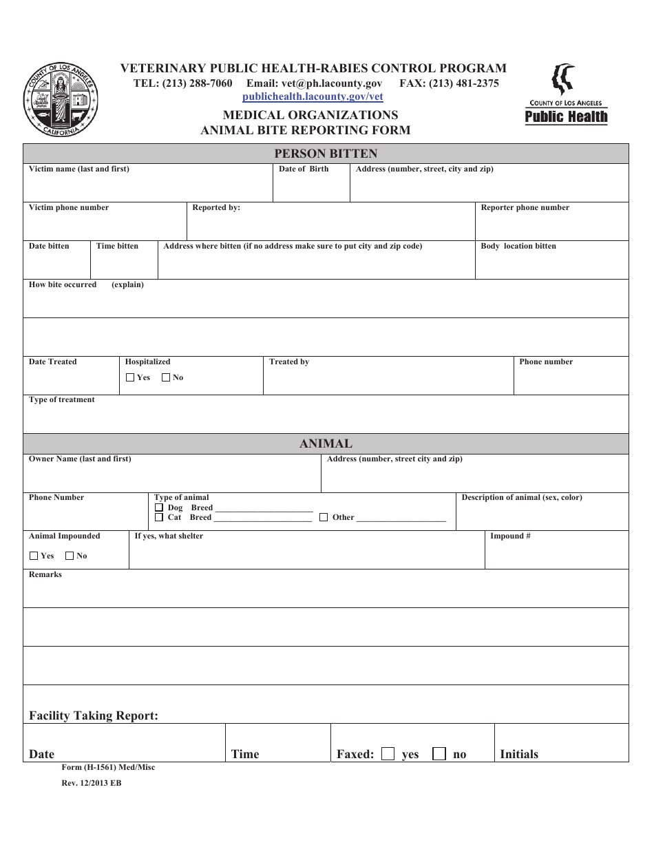 Form H-1561 Animal Bite Report Form for Medical Organizations - County of Los Angeles, California, Page 1