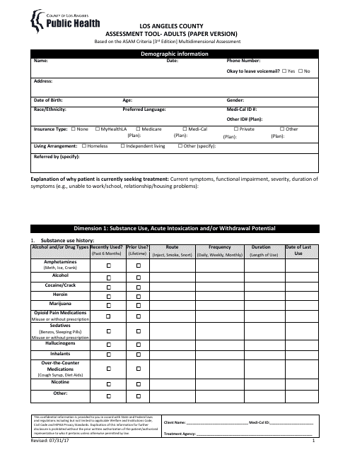Assessment Tool - Adults (Paper Version) - County of Los Angeles, California Download Pdf