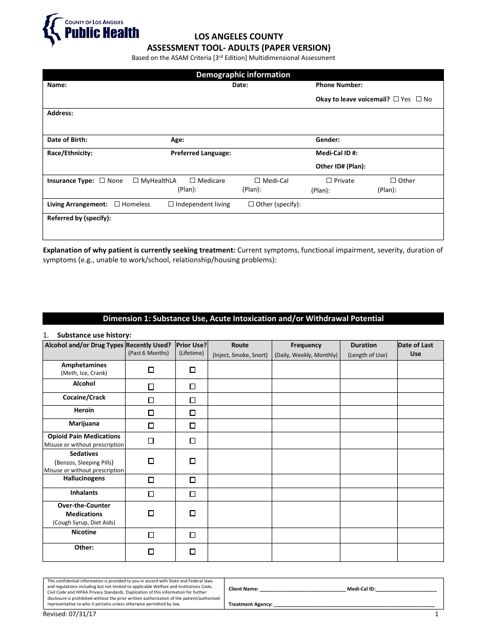 Assessment Tool - Adults (Paper Version) - County of Los Angeles, California, Page 1
