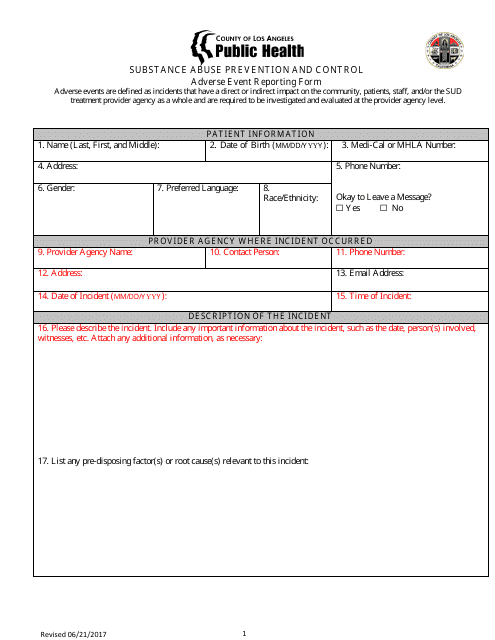 Adverse Event Reporting Form - County of Los Angeles, California Download Pdf