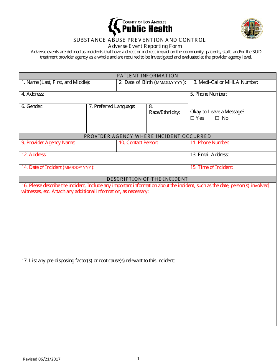Adverse Event Reporting Form - County of Los Angeles, California, Page 1