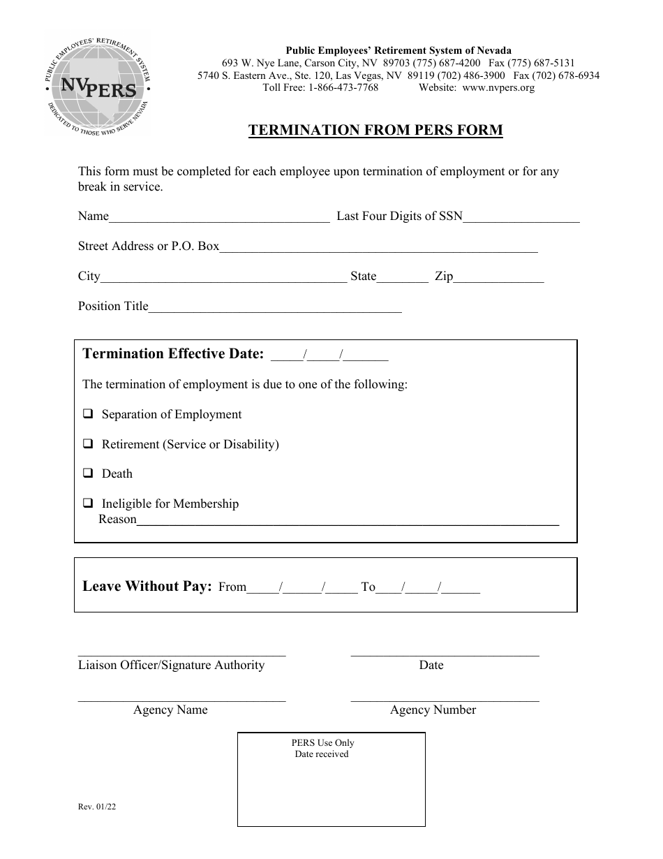 Termination From Pers Form - Nevada, Page 1