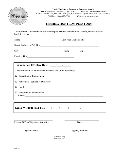 Termination From Pers Form - Nevada
