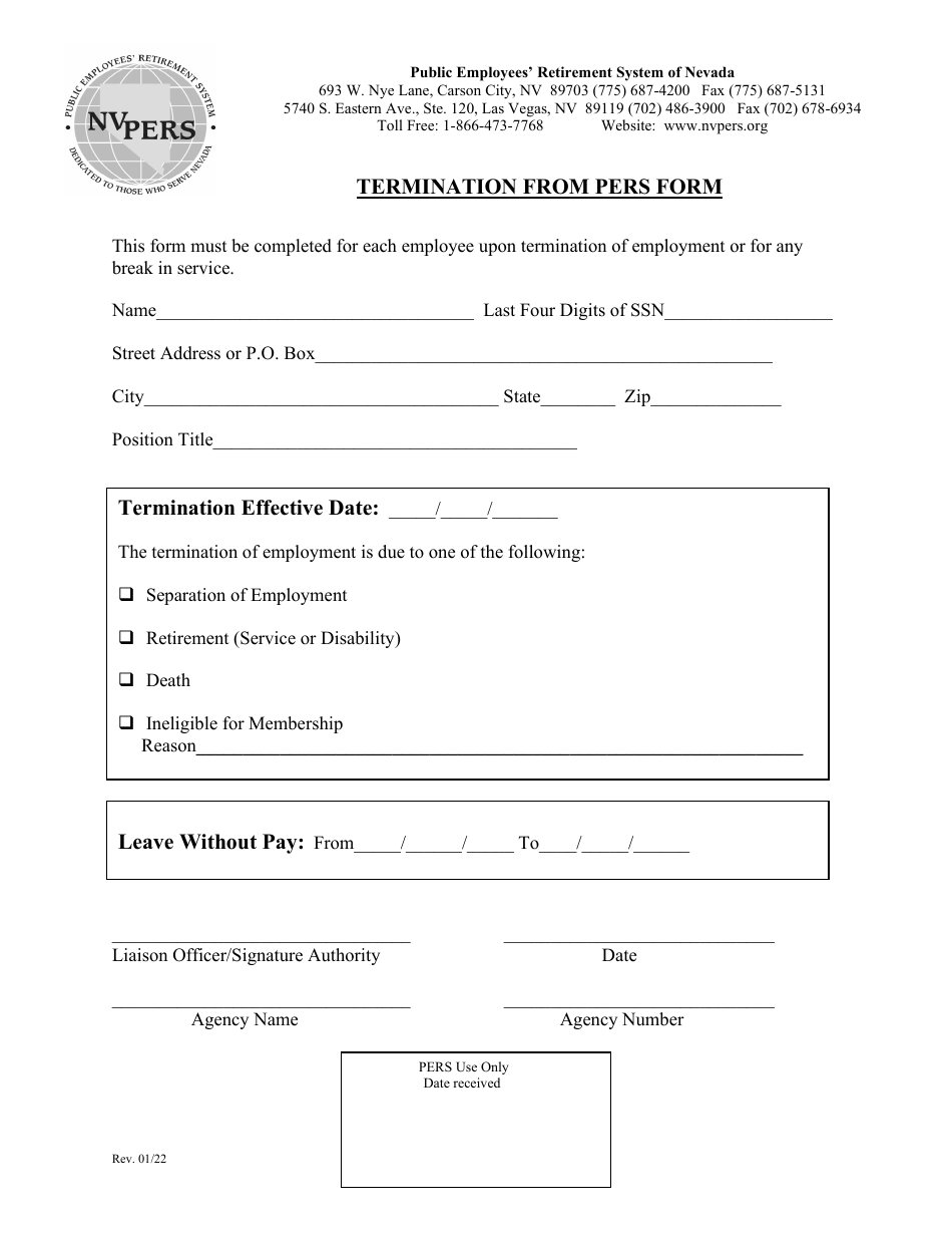 Nevada Termination From Pers Form Fill Out, Sign Online and Download