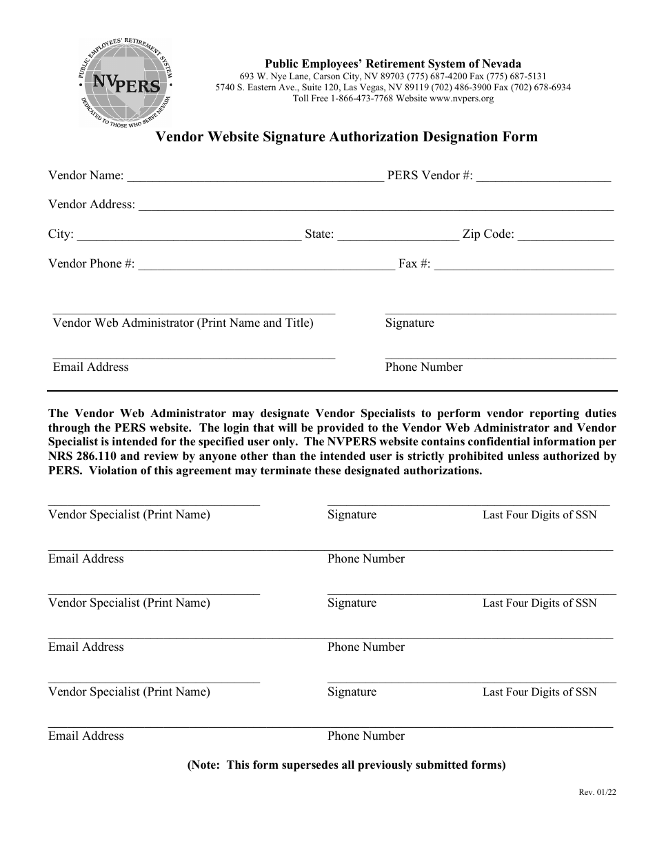 Vendor Website Signature Authorization Designation Form - Nevada, Page 1