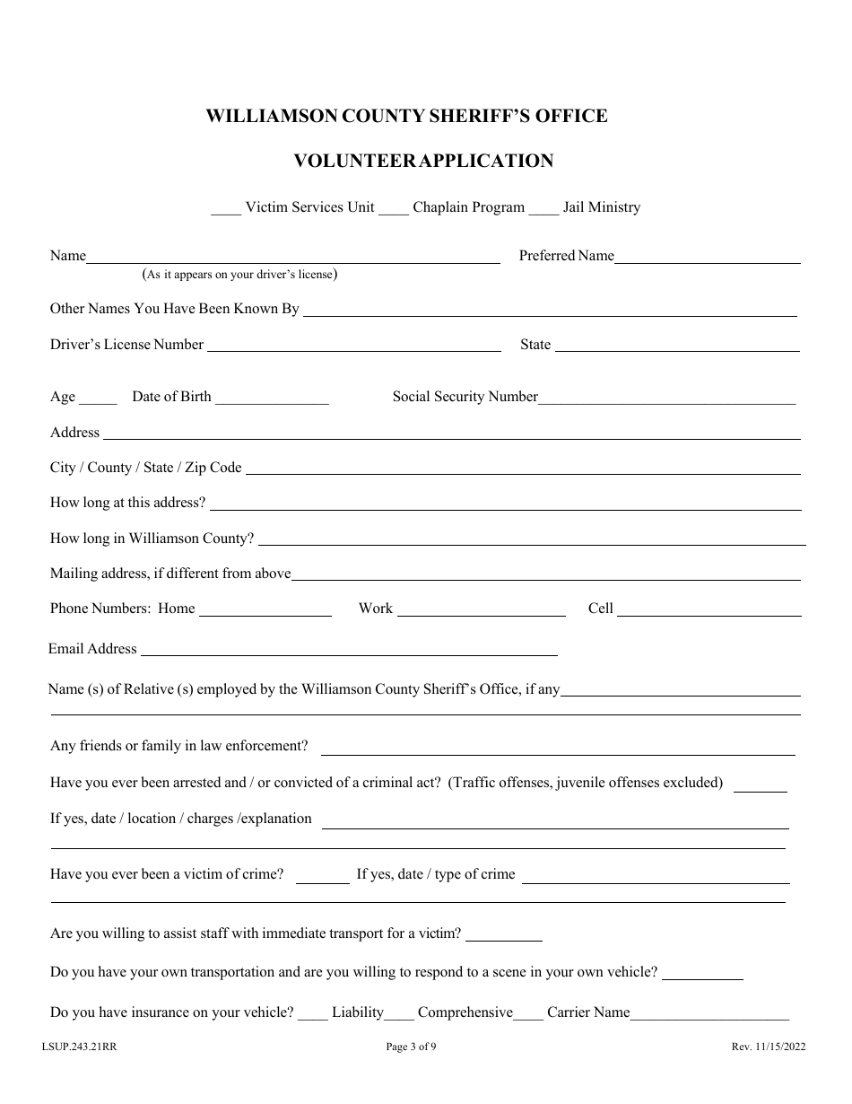 Form LSUP.243.21RR Volunteer Application - Williamson County, Texas, Page 3