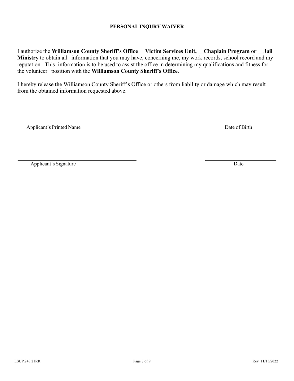Form LSUP.243.21RR Volunteer Application - Williamson County, Texas, Page 7
