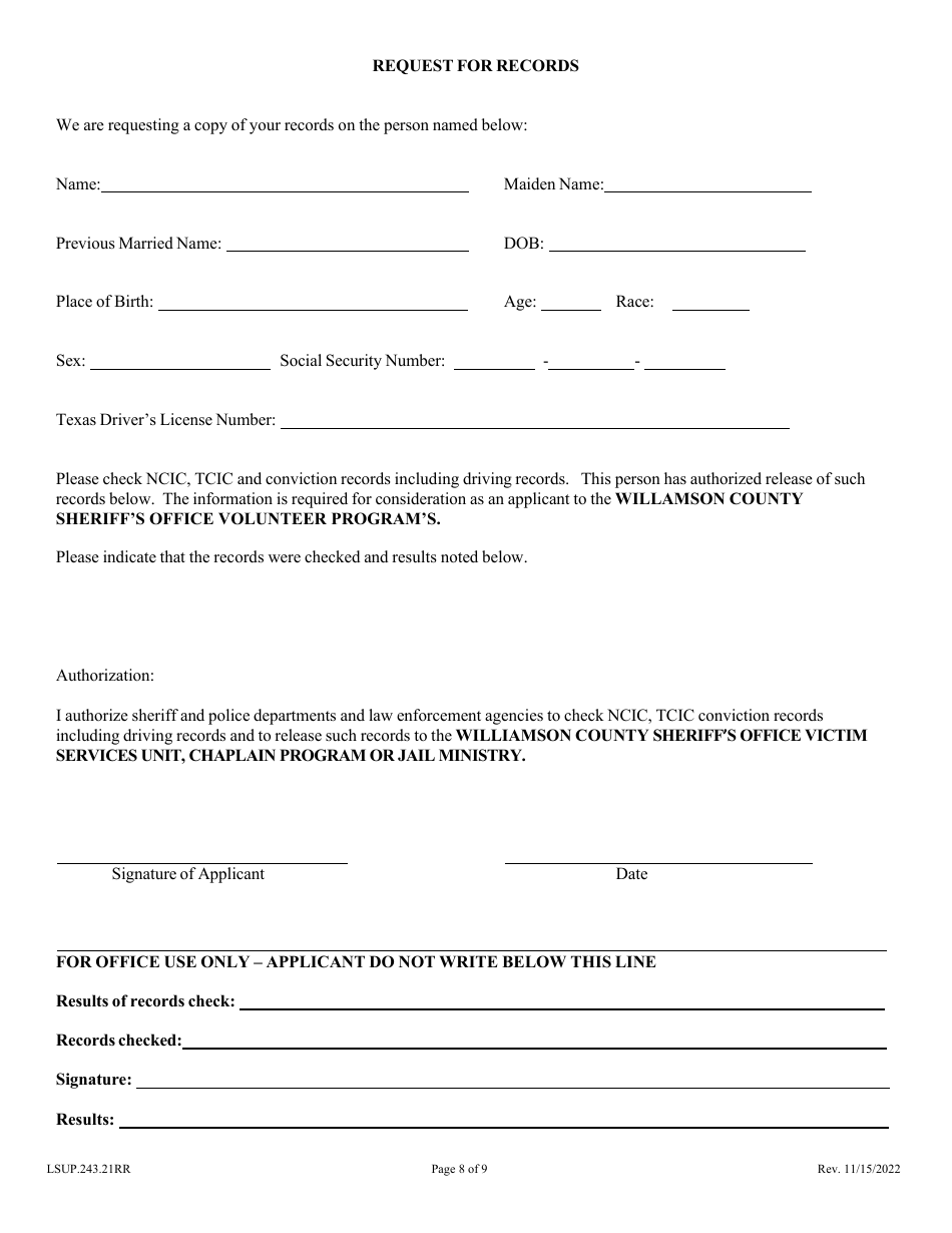 Form LSUP.243.21RR Volunteer Application - Williamson County, Texas, Page 8