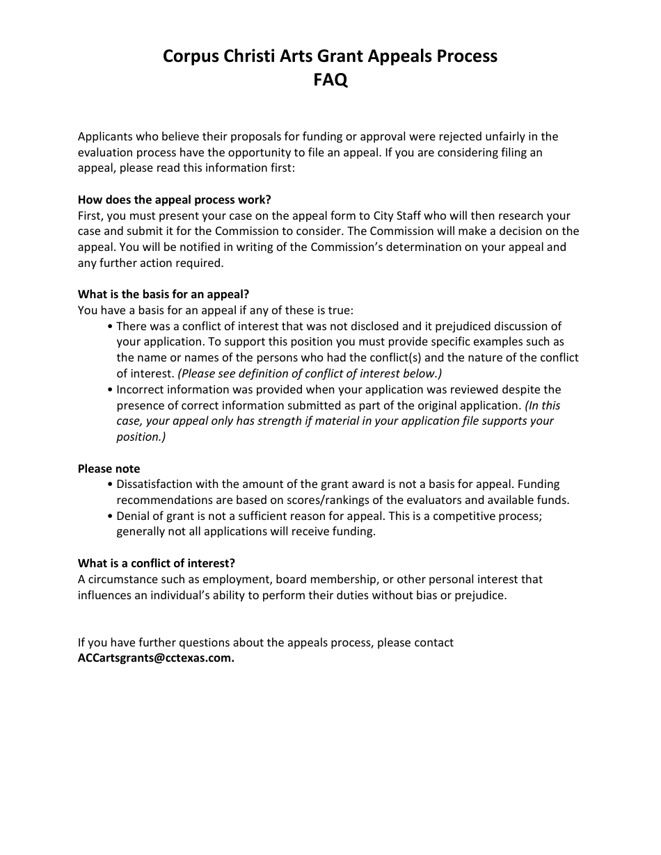 Arts Grants Appeal Form - City of Corpus Christi, Texas, Page 1