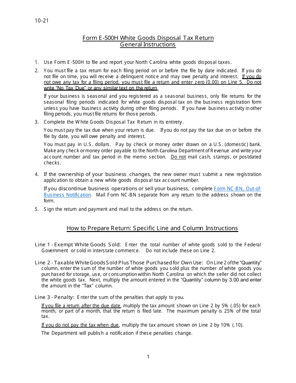 Instructions for Form E-500H White Goods Disposal Tax Return - North Carolina, Page 1