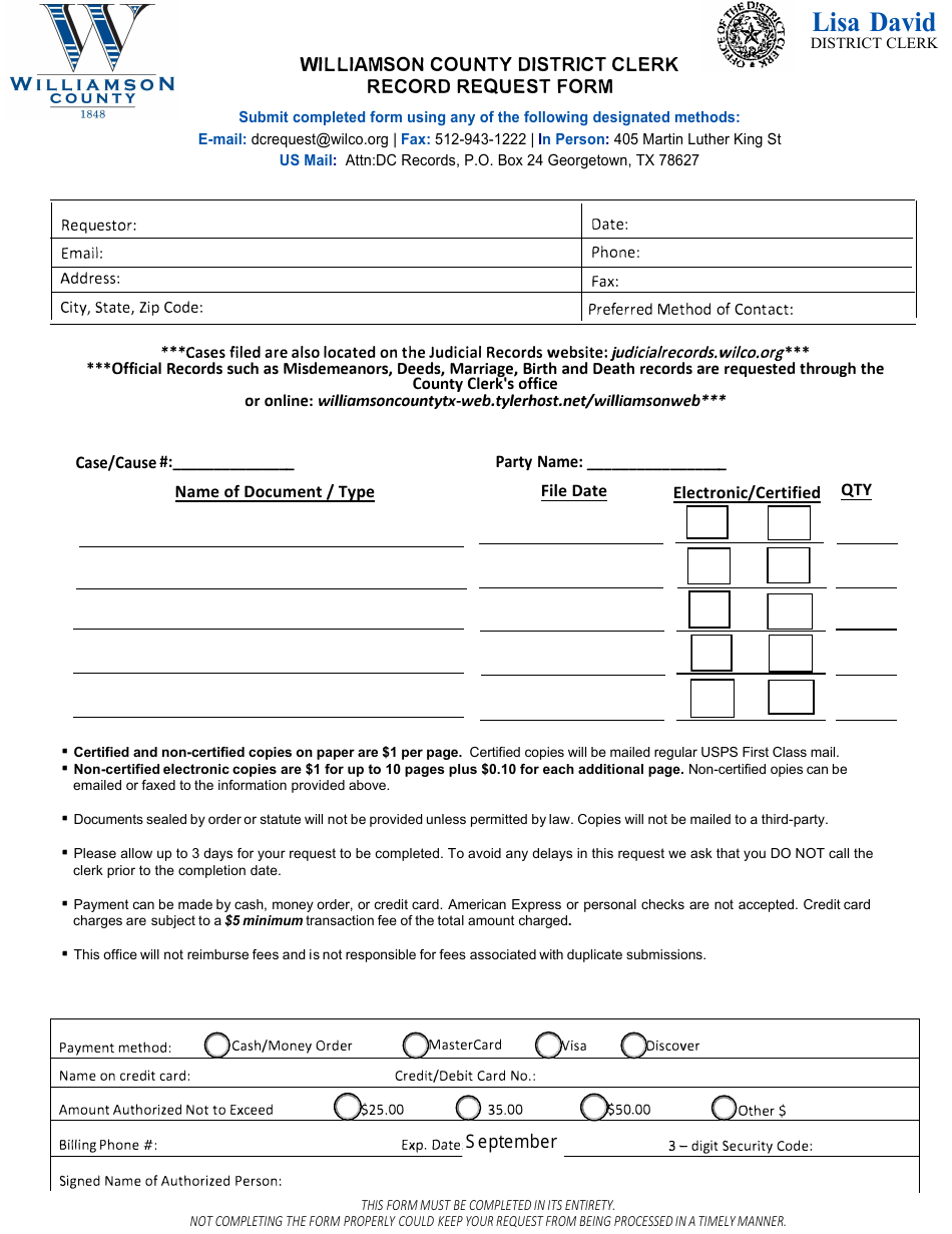 Record Request Form - Williamson County, Texas, Page 1