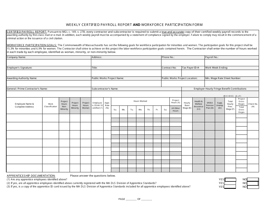 Weekly Certified Payroll Report and Workforce Participation Form - Massachusetts, Page 1