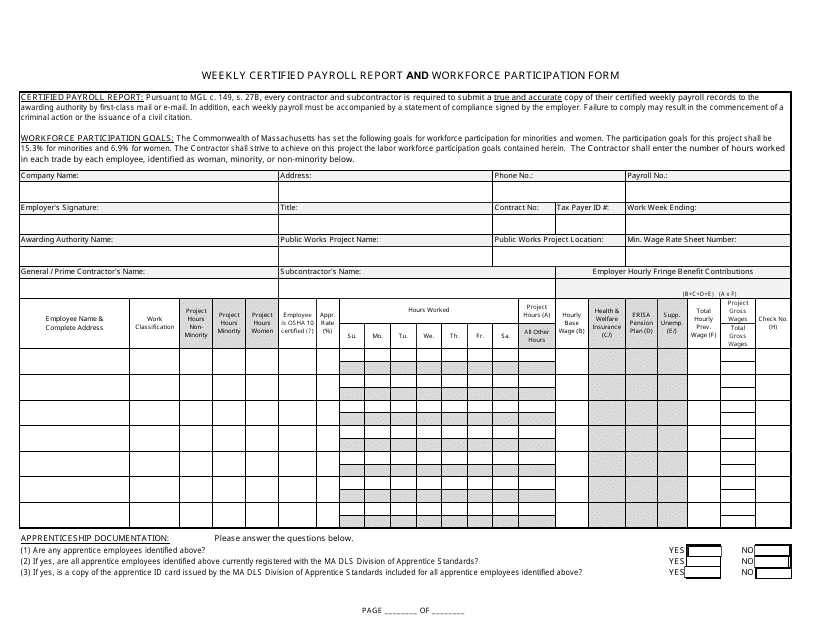 Weekly Certified Payroll Report and Workforce Participation Form - Massachusetts Download Pdf