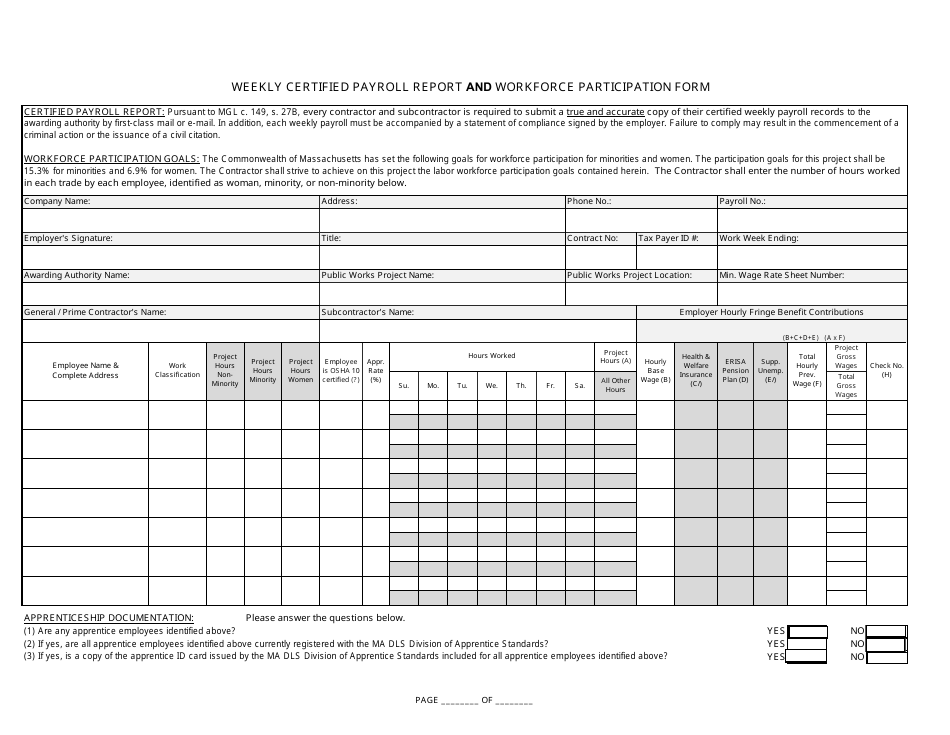 Massachusetts Weekly Certified Payroll Report And Workforce Participation Form Fill Out Sign 0633