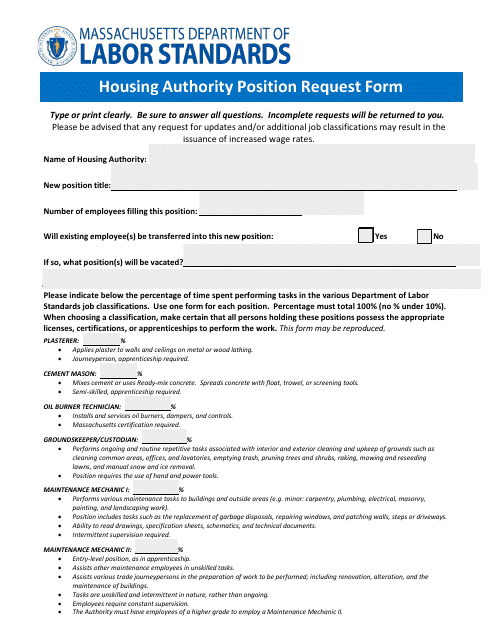 Housing Authority Position Request Form - Massachusetts Download Pdf