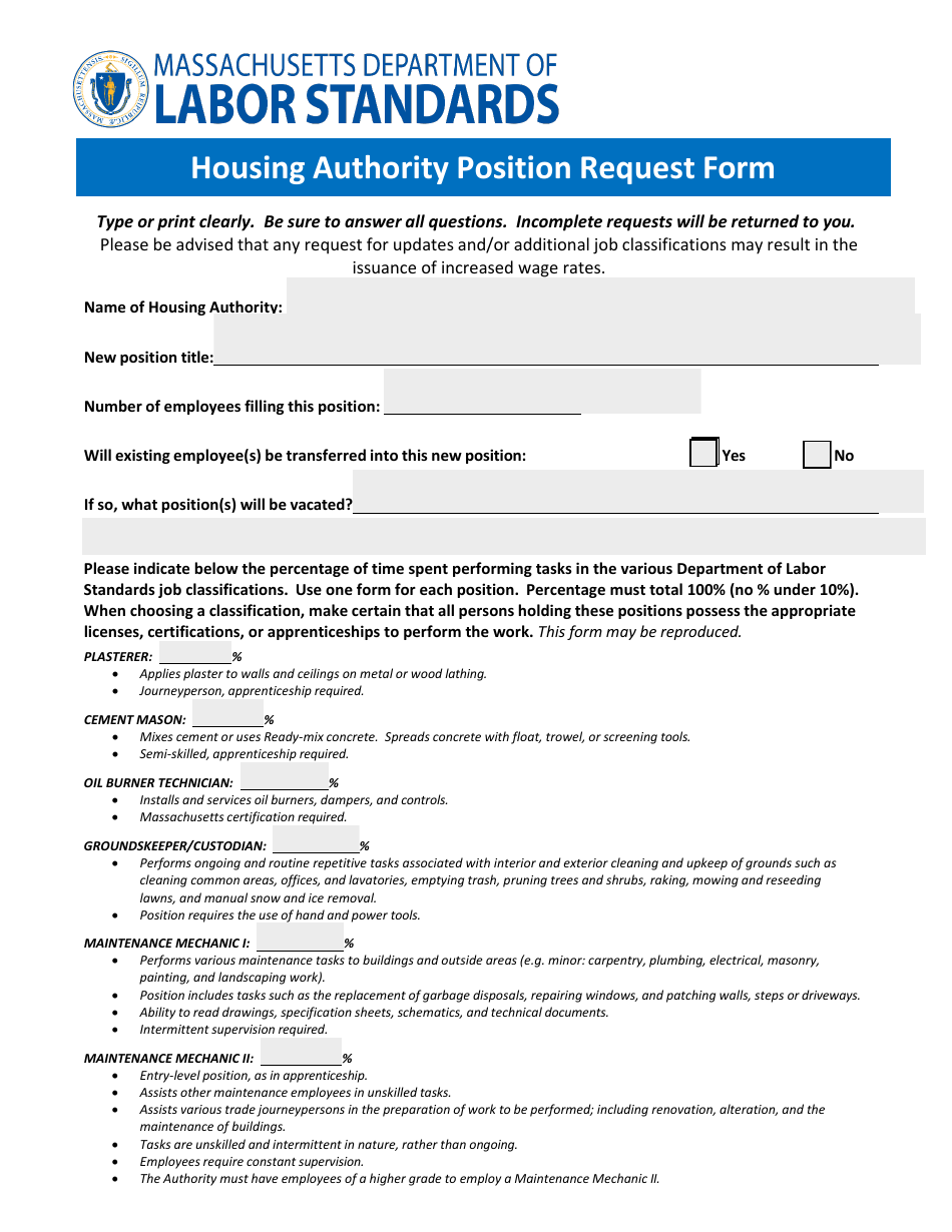 Housing Authority Position Request Form - Massachusetts, Page 1