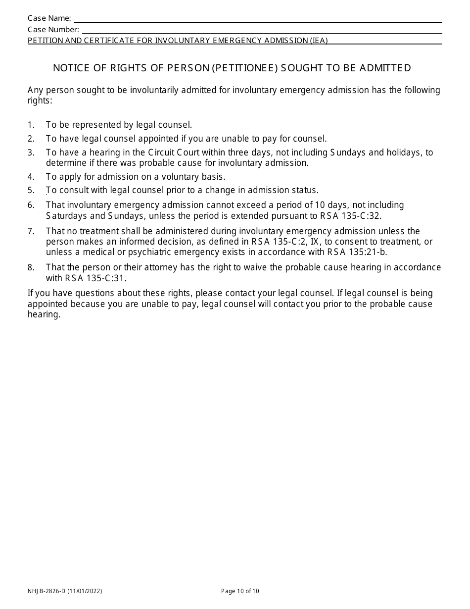 Form NHJB-2826-D Petition and Certificate for Involuntary Emergency Admission (Iea) - New Hampshire, Page 10