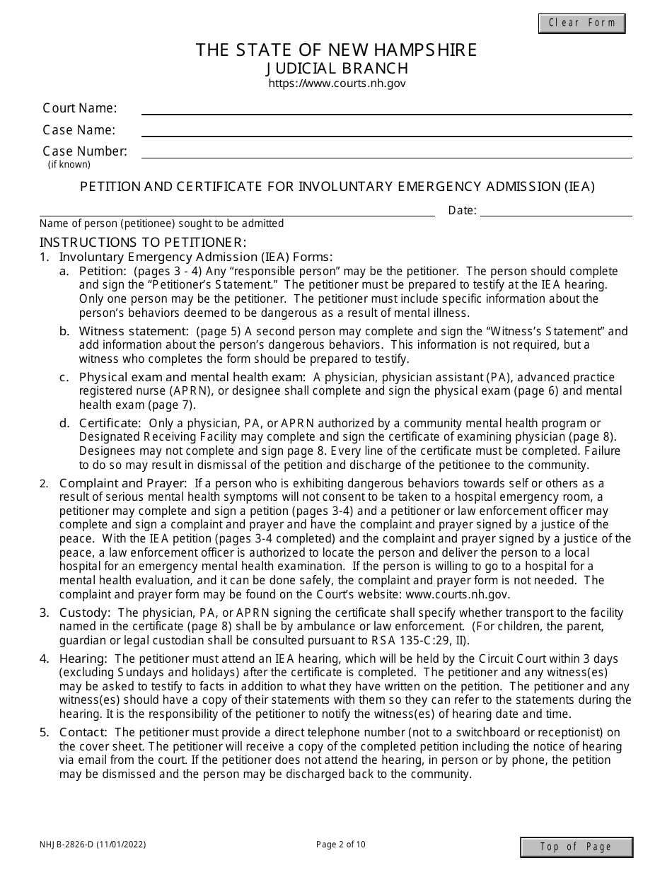 Form NHJB-2826-D Petition and Certificate for Involuntary Emergency Admission (Iea) - New Hampshire, Page 2