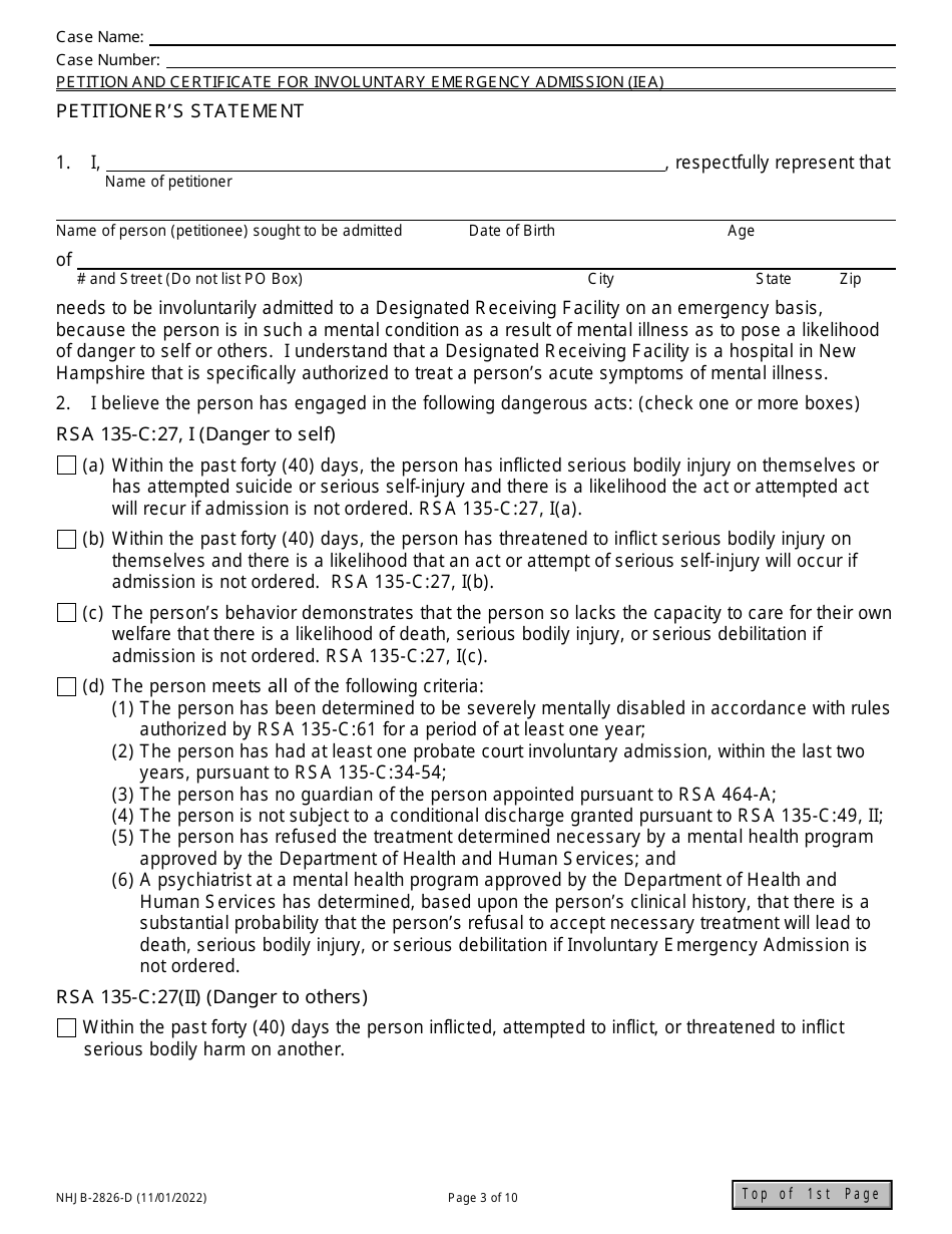Form NHJB-2826-D Petition and Certificate for Involuntary Emergency Admission (Iea) - New Hampshire, Page 3