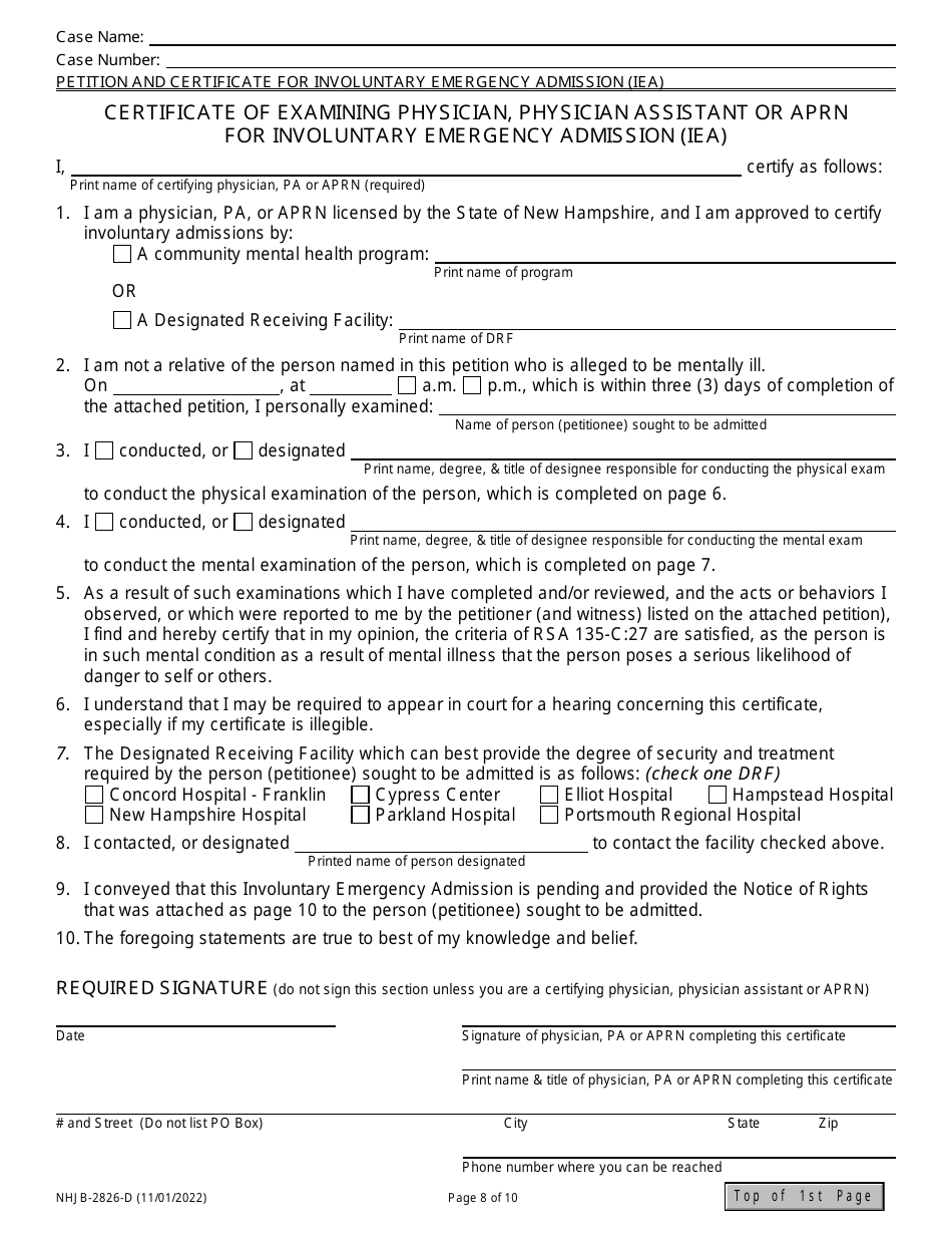 Form NHJB-2826-D Petition and Certificate for Involuntary Emergency Admission (Iea) - New Hampshire, Page 8