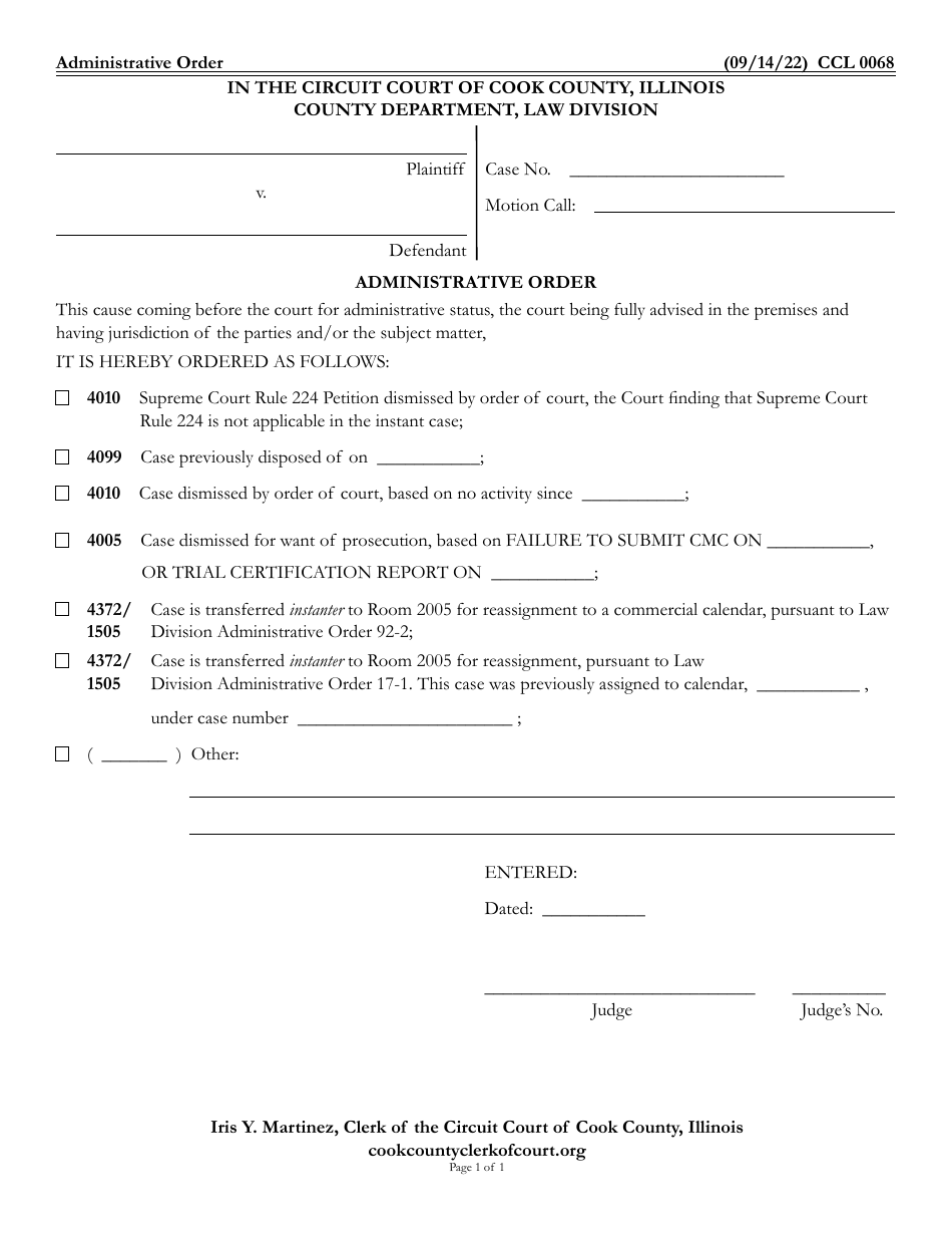 Form CCL0068 Administrative Order - Cook County, Illinois, Page 1