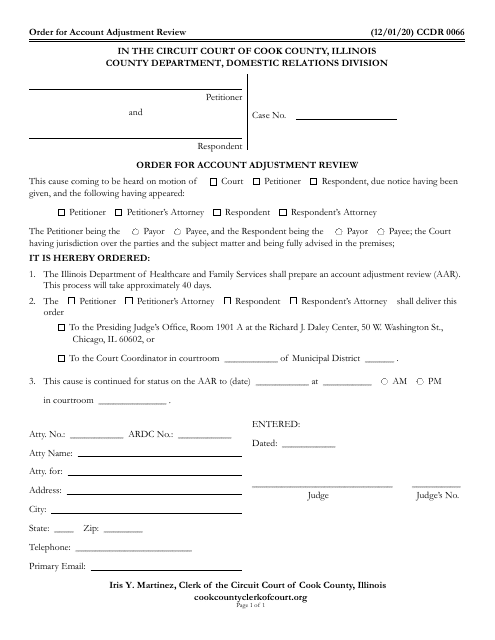 Form CCDR0066 Order for Account Adjustment Review - Cook County, Illinois
