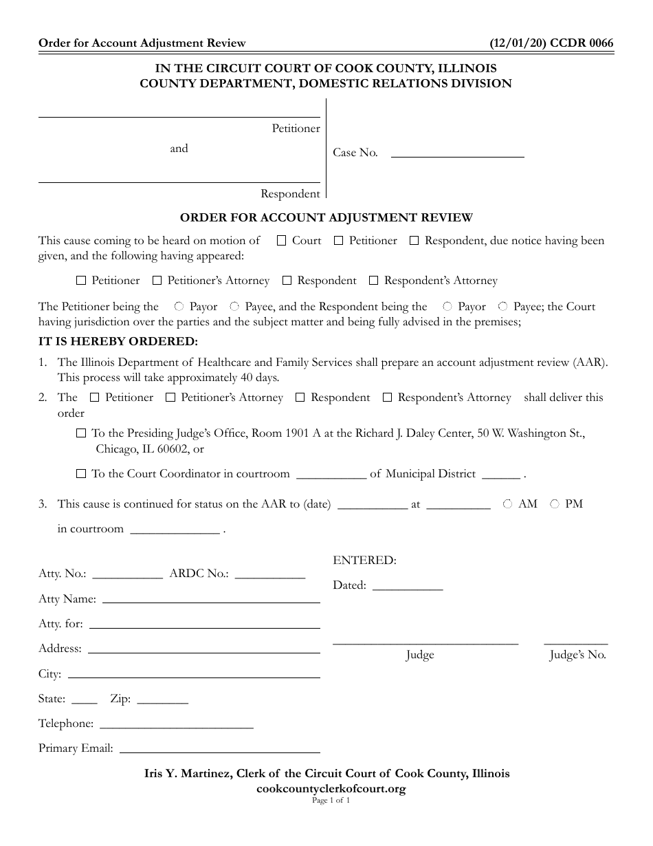 Form CCDR0066 Order for Account Adjustment Review - Cook County, Illinois, Page 1