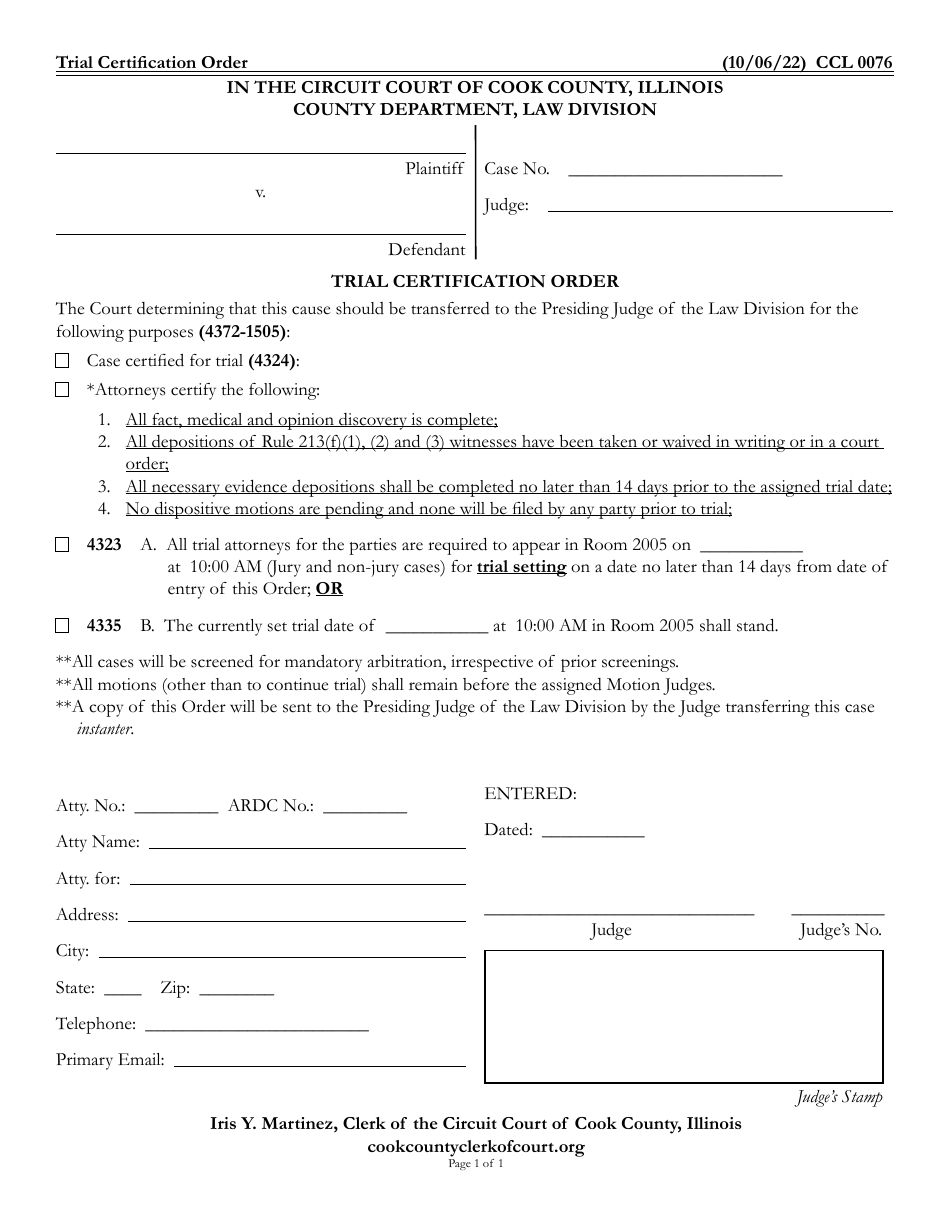 Form CCL0076 Trial Certification Order - Cook County, Illinois, Page 1