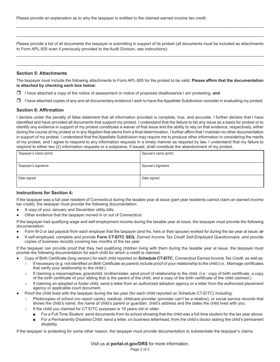 Form APL-505 Taxpayers Earned Income Tax Credit Protest - Connecticut, Page 2