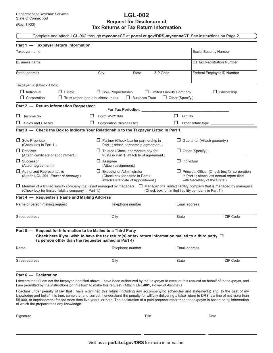 Form LGL-002 Request for Disclosure of Tax Returns or Tax Return Information - Connecticut, Page 1