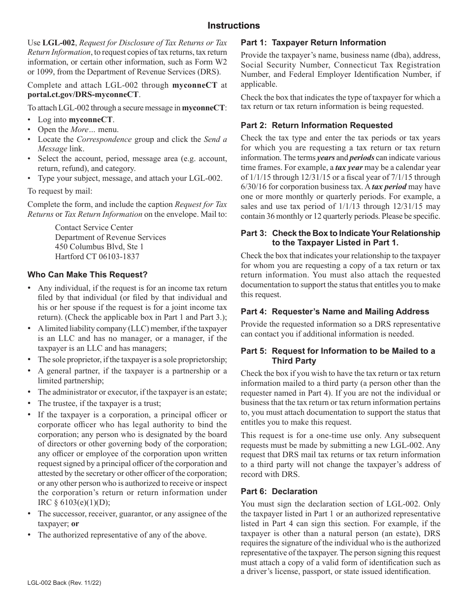 Form LGL-002 Request for Disclosure of Tax Returns or Tax Return Information - Connecticut, Page 2