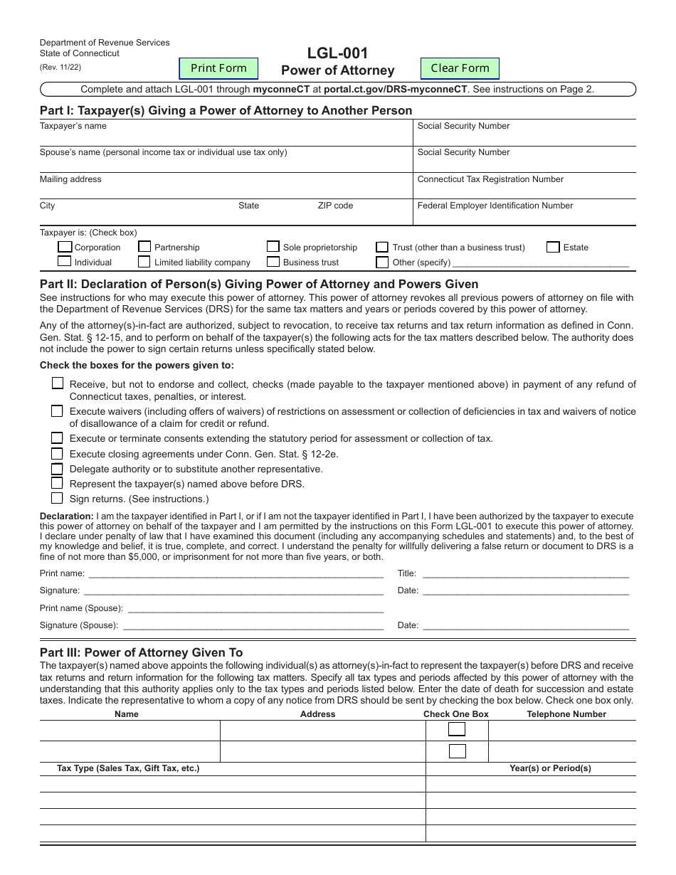 Form Lgl 001 Download Fillable Pdf Or Fill Online Power Of Attorney Connecticut Templateroller 8450